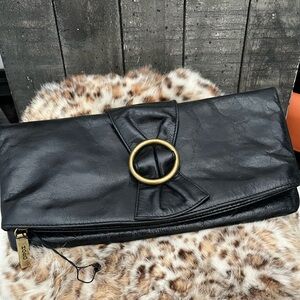 HOBO International Black leather fold clutch purse zipper magnetic closure
